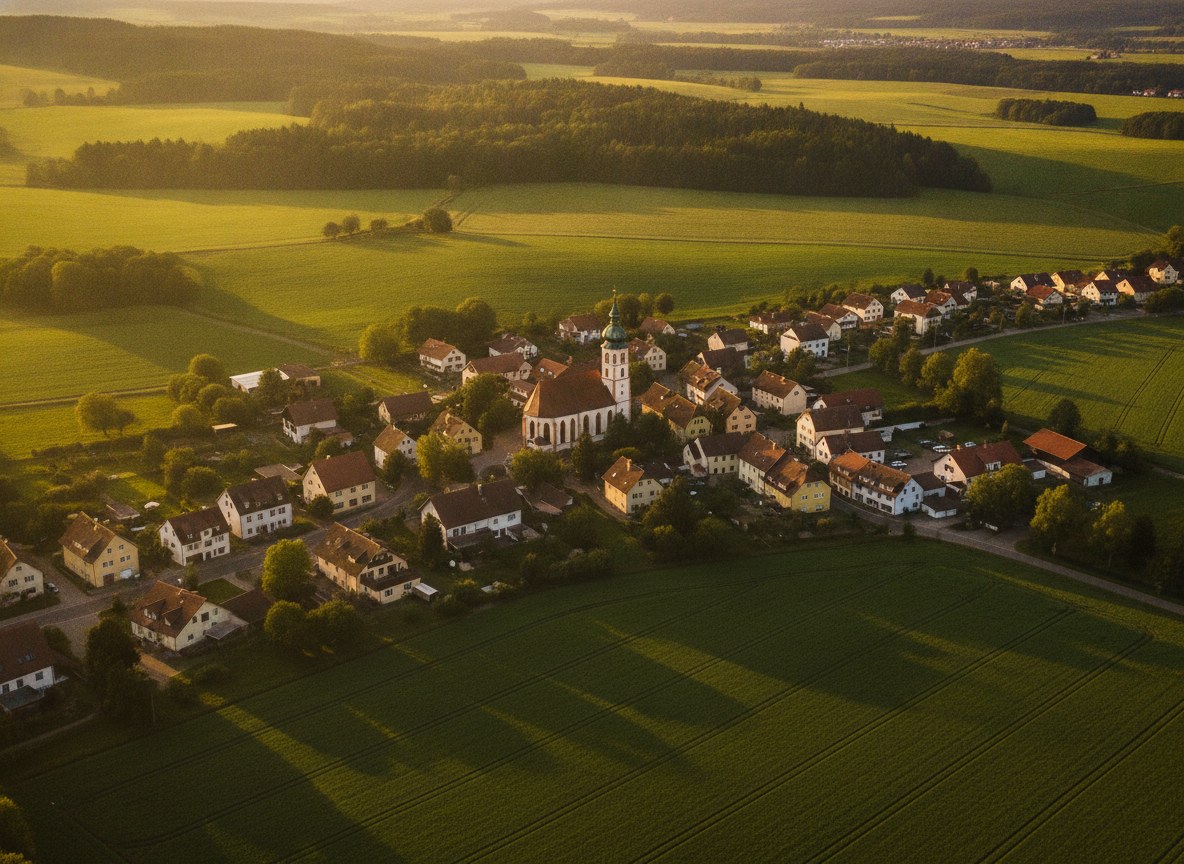 Luftaufnahme eines Ortes im Landkreis Neumarkt in der Oberpfalz, Einzugsgebiet der KI-Agentur, umgeben von grüner Landschaft im Abendlicht